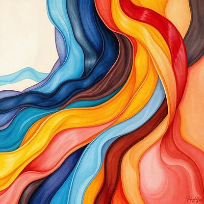 The primary subject of the image is a painting featuring a colorful, abstract design. The painting is set against a backdrop of a blue and yellow color palette. The visual style of the painting is a combination of digital art and illustration, creating a unique and vibrant atmosphere. The dominant colors in the painting are blue, yellow, and orange, which contribute to the overall mood of the artwork.